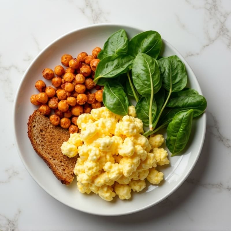 Fluffy Egg White Scramble with Crispy Chickpeas, Fresh Spinach, and Whole Grain Toast