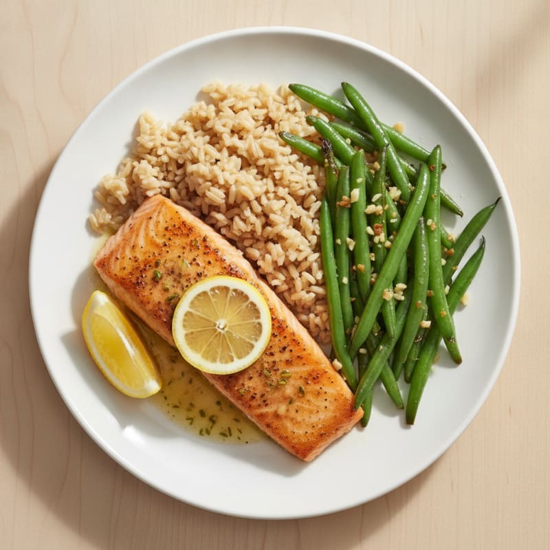 Seared Salmon with Garlic Green Beans and Brown Rice