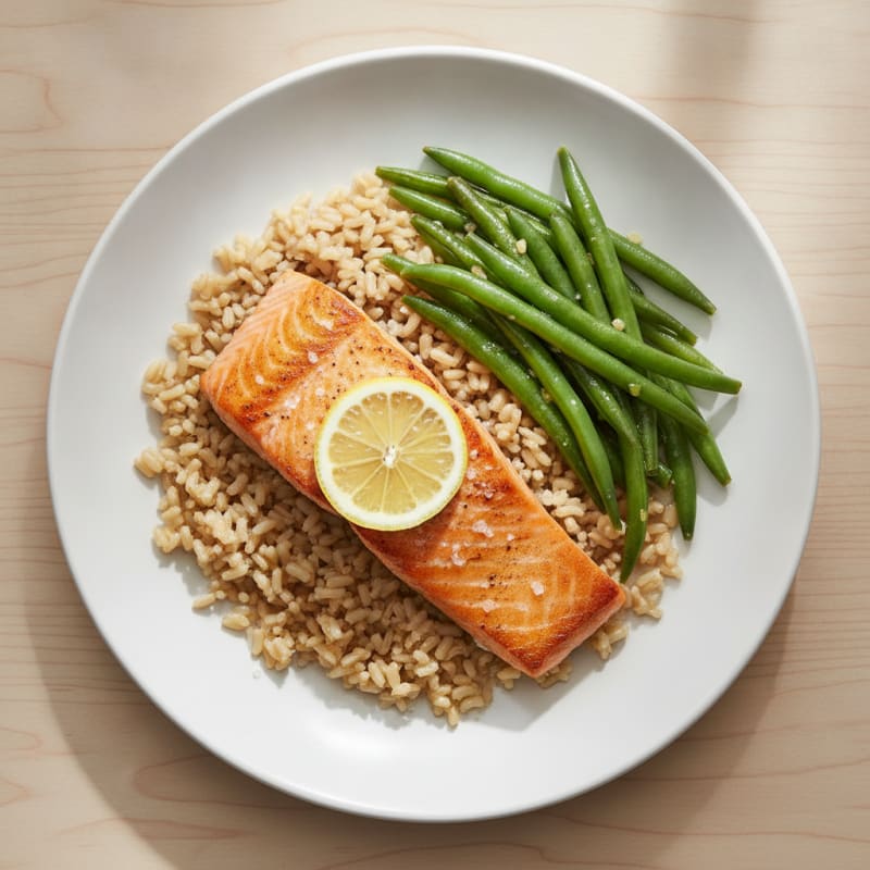 Seared Salmon with Steamed Green Beans and Brown Rice