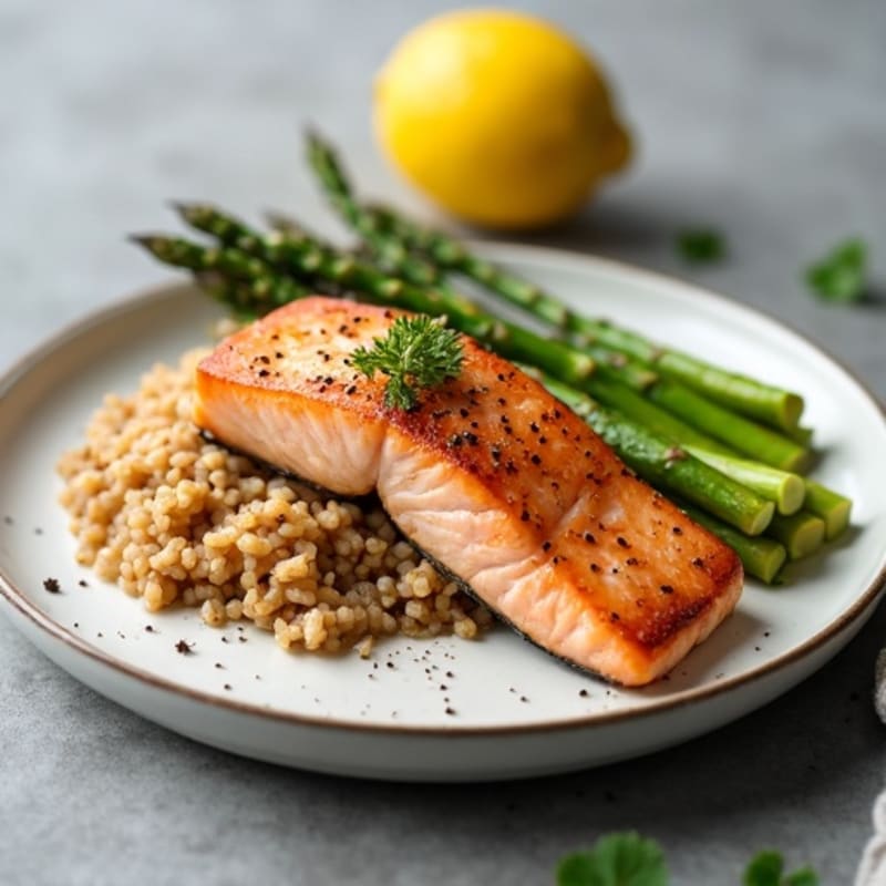 Seared Salmon Fillet with Roasted Asparagus and Brown Rice