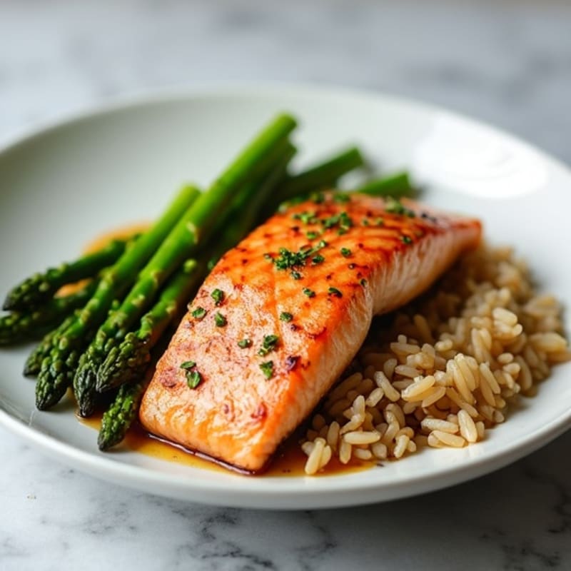 Seared Salmon with Steamed Asparagus and Brown Rice
