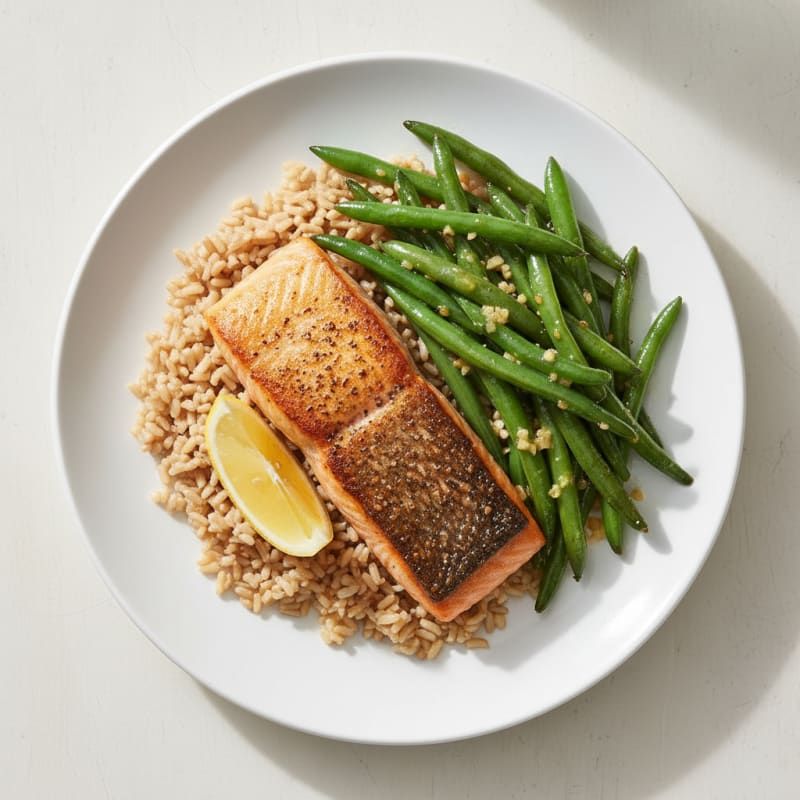 Pan-Seared Salmon with Garlic Green Beans and Brown Rice