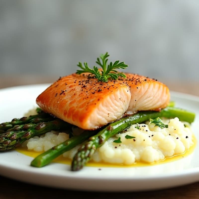 Seared Salmon with Steamed Asparagus and Cauliflower Mash