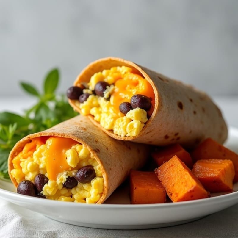 High-Protein Scrambled Egg and Black Bean Burrito with Roasted Sweet Potatoes