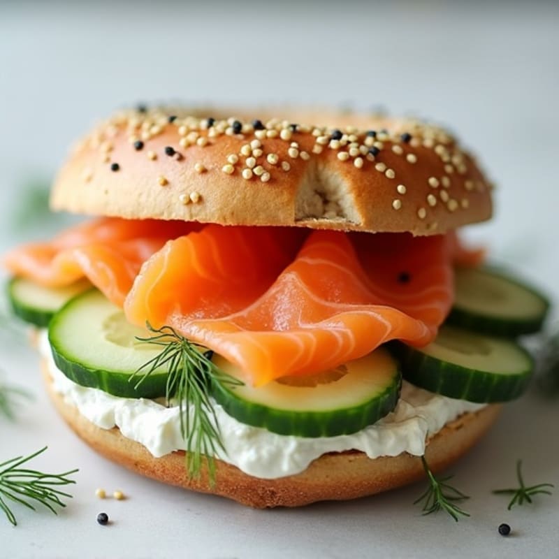 Smoked Salmon Whole Wheat Bagel with Creamy Dill Spread and Fresh Cucumber