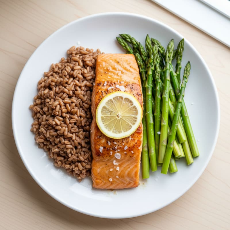 Seared Salmon with Steamed Asparagus and Brown Rice