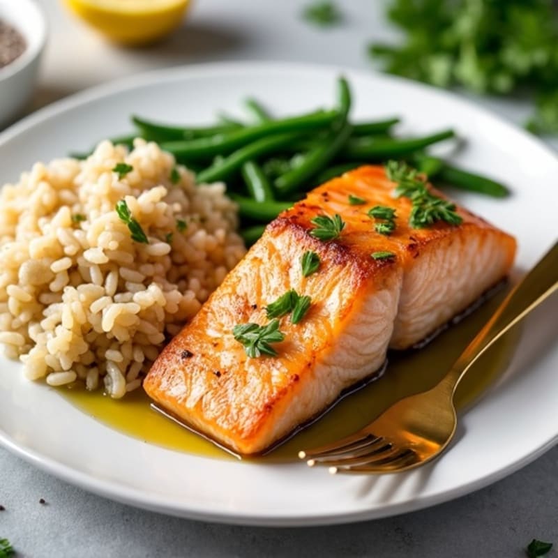 Seared Salmon with Garlic Green Beans and Brown Rice