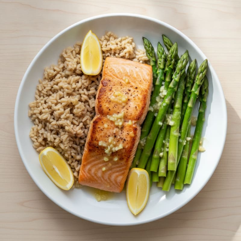 Seared Salmon with Steamed Asparagus and Brown Rice