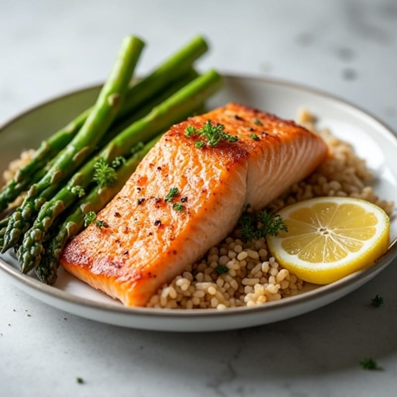 Seared Salmon Fillet with Steamed Asparagus and Brown Rice