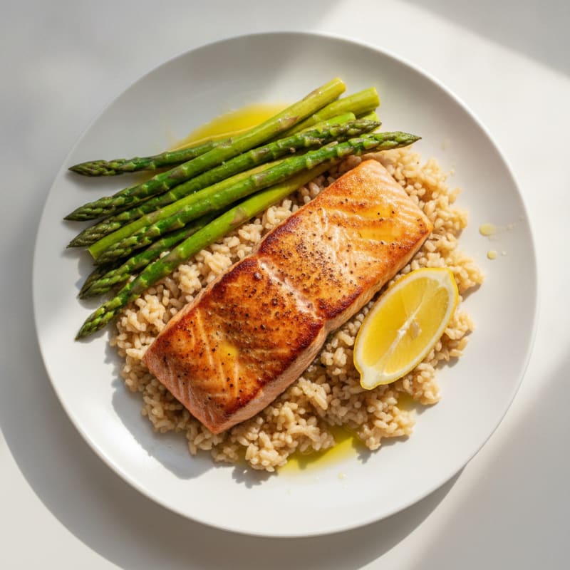 Seared Salmon with Steamed Asparagus and Brown Rice