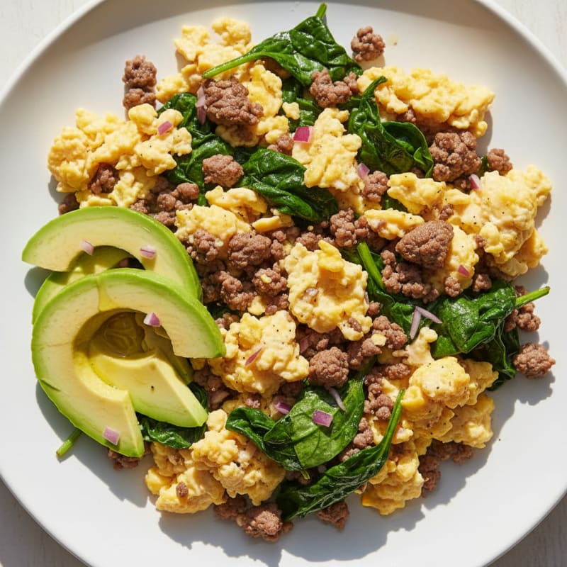 Scrambled Eggs with Sautéed Beef and Spinach