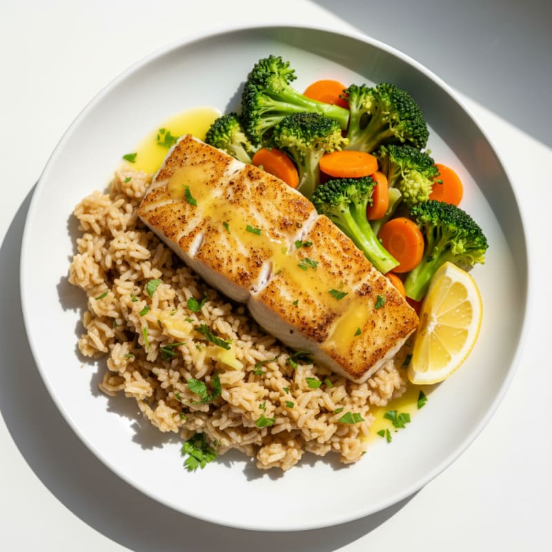 Pan Seared Fish with Herb Rice and Steamed Vegetables