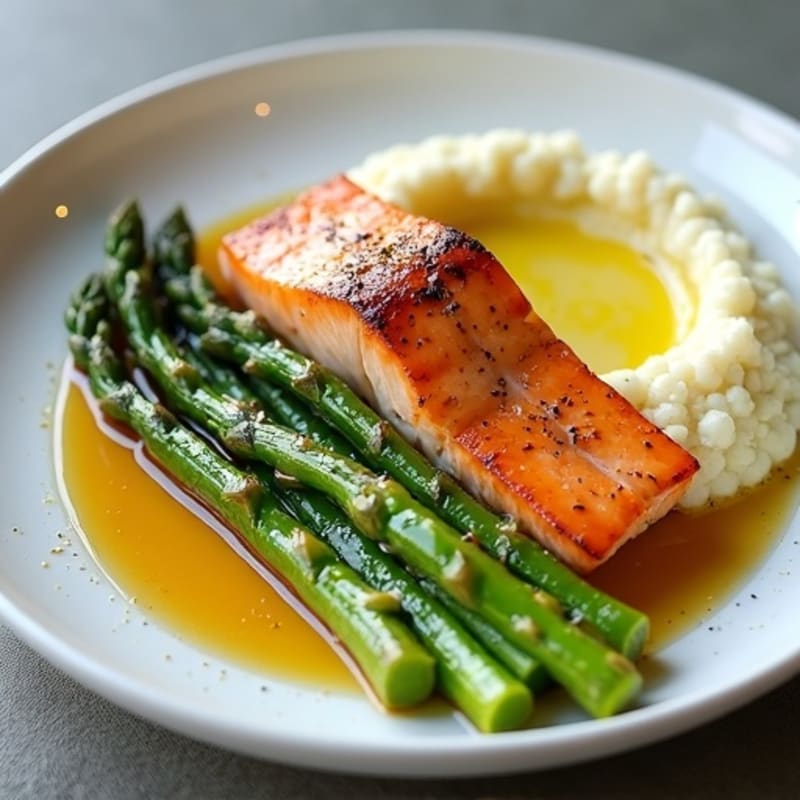 Seared Salmon with Steamed Asparagus and Cauliflower Mash