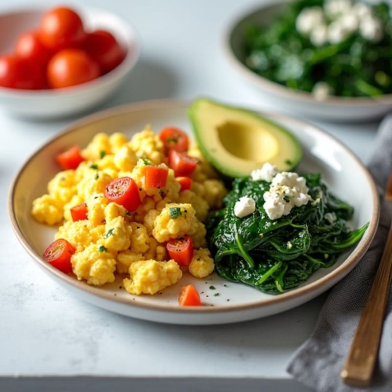 Egg White Veggie Scramble with Sautéed Spinach