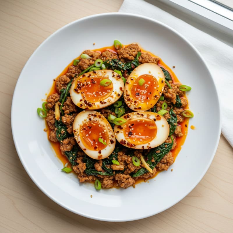 Soy-Marinated Eggs with Chili Oil and Ground Turkey