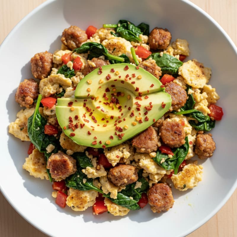 Crispy Egg White and Turkey Sausage Scramble with Spinach