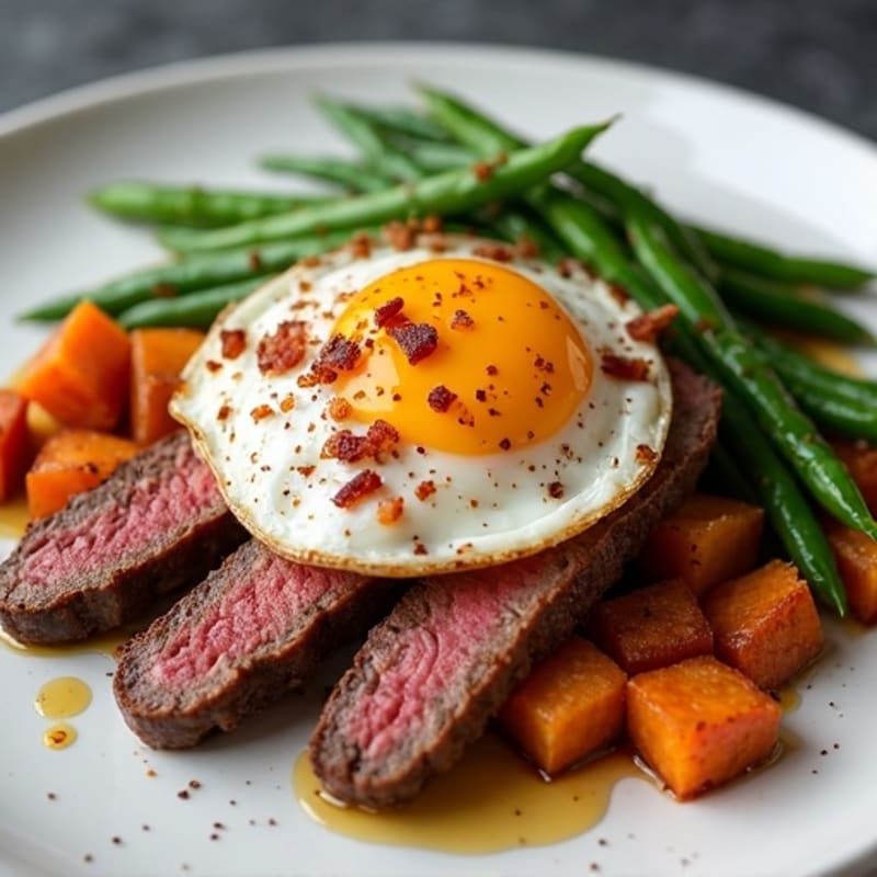 Seared Lean Beef Strips with Roasted Sweet Potato, Green Beans, and Crispy Bacon with Fried Egg