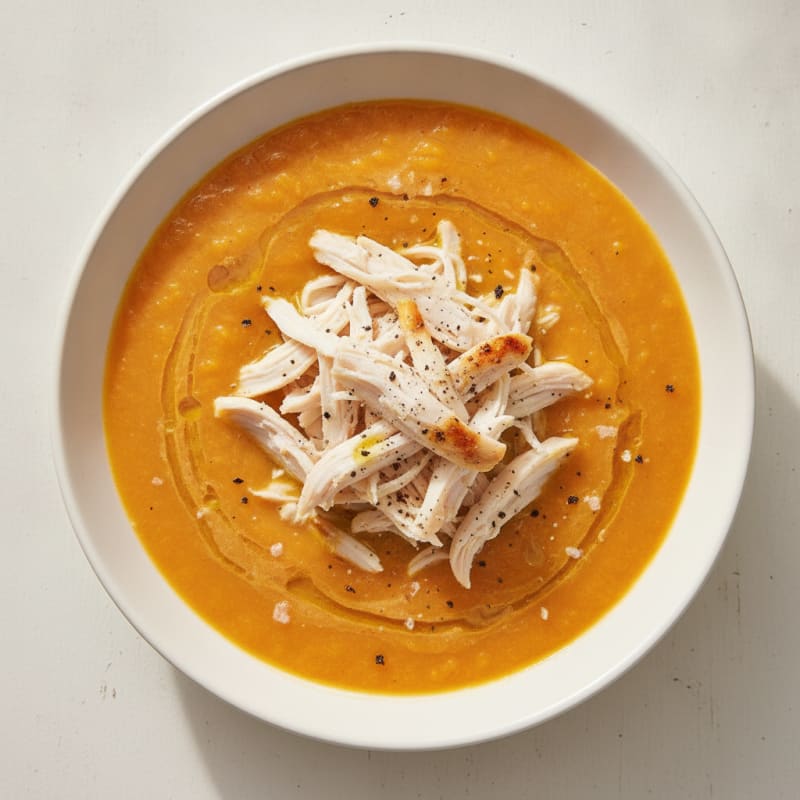 Roasted Butternut Squash and Apple Soup with Shredded Chicken