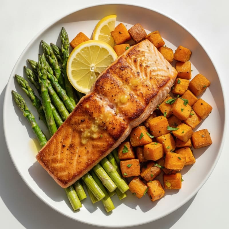 Seared Salmon with Roasted Asparagus and Sweet Potato