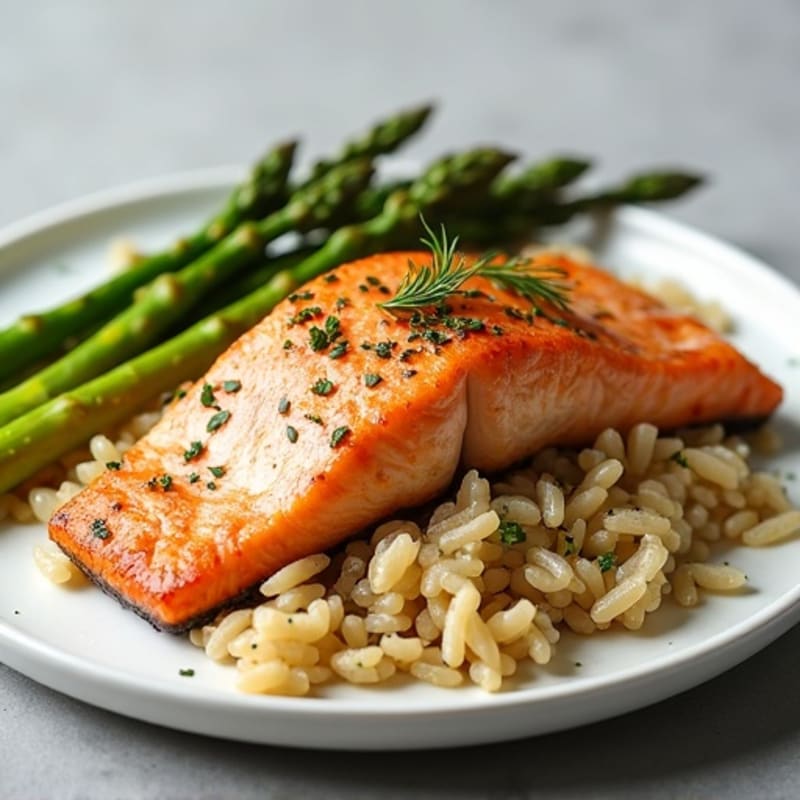 Crispy Pan-Seared Salmon with Lemon-Herb Brown Rice and Roasted Asparagus