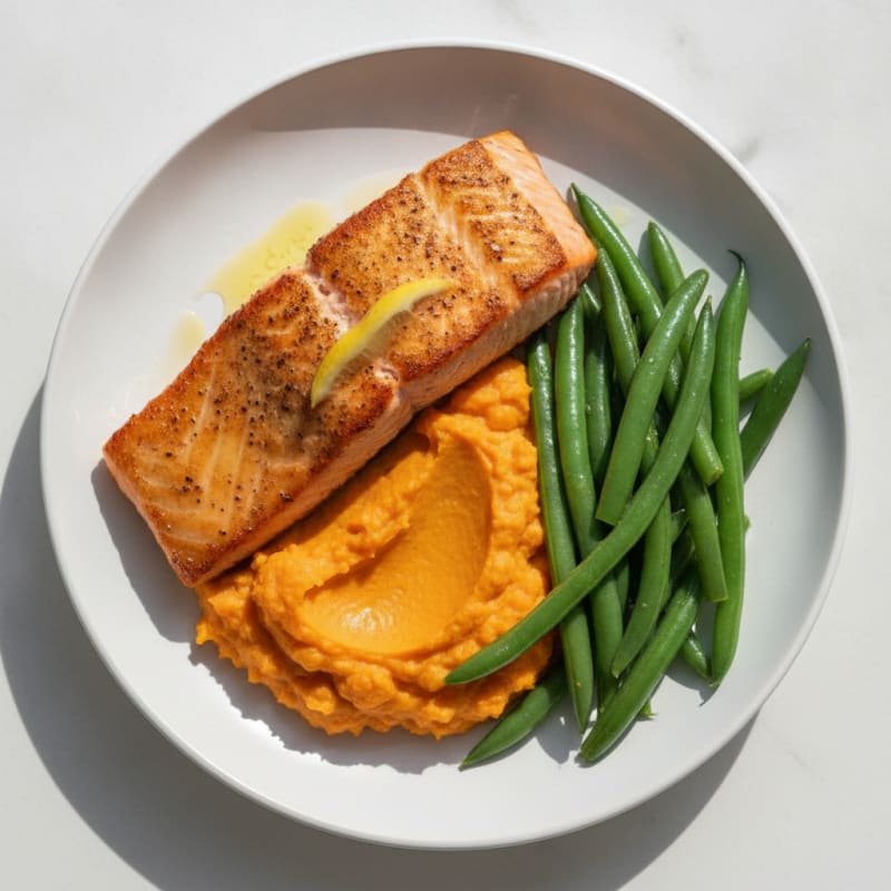 Seared Salmon with Steamed Green Beans and Sweet Potato Mash