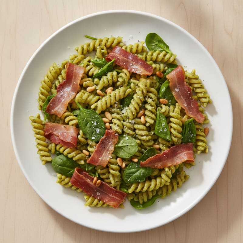 Prosciutto Pesto Fusilli with Toasted Pine Nuts