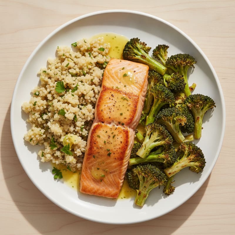 Seared Salmon with Roasted Broccoli and Lemon-Herb Quinoa