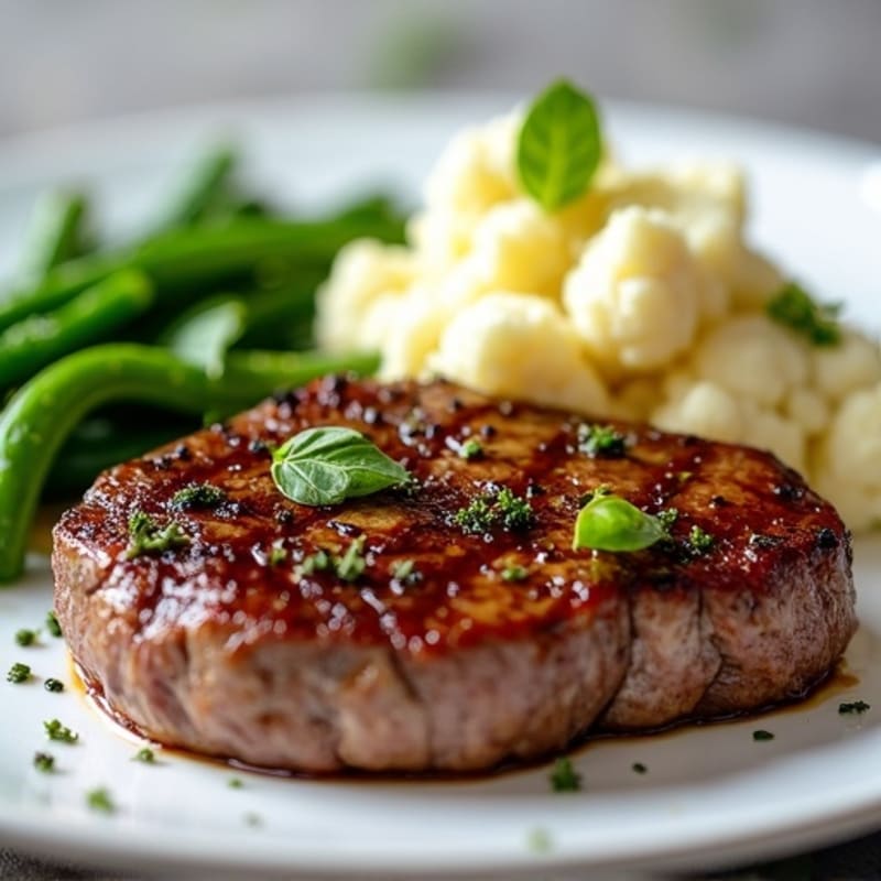 Seared Sirloin Steak with Garlic Green Beans and Mashed Cauliflower