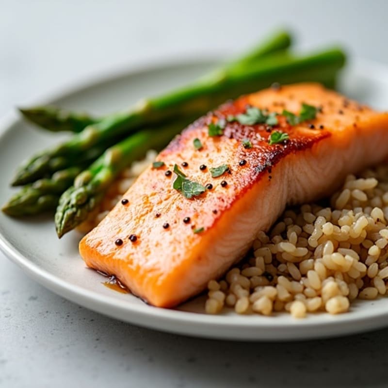Seared Salmon with Steamed Asparagus and Brown Rice