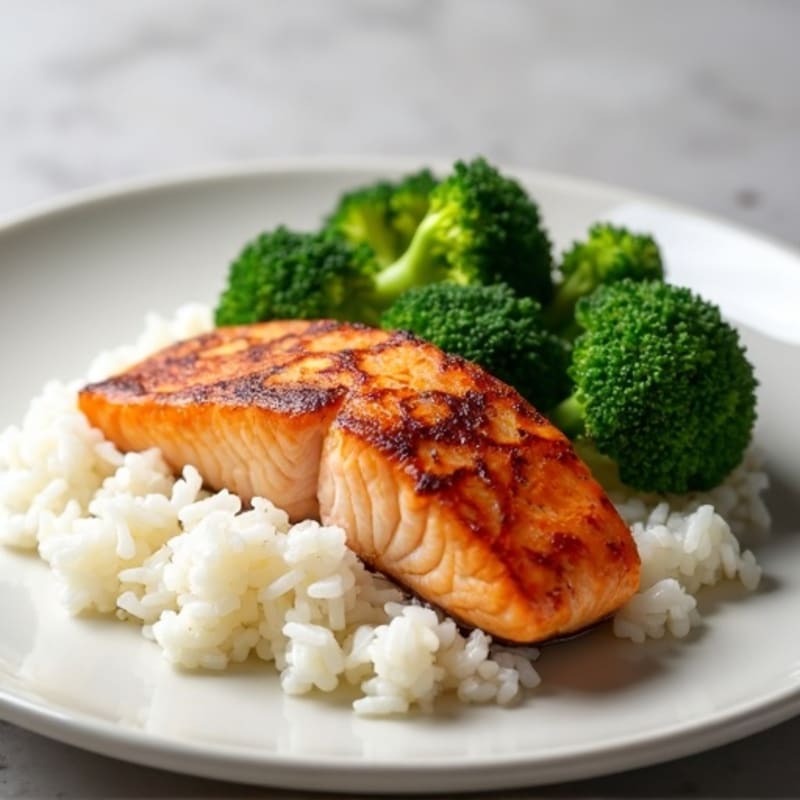 Seared Salmon with Steamed Broccoli and Rice