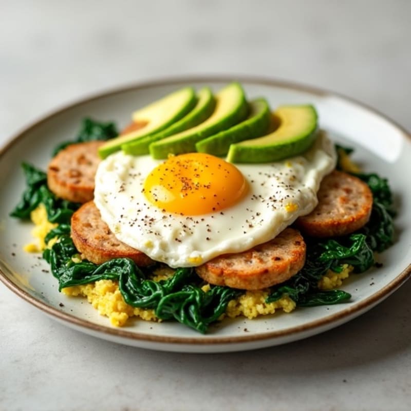 Egg White Scramble with Turkey Sausage and Sautéed Spinach
