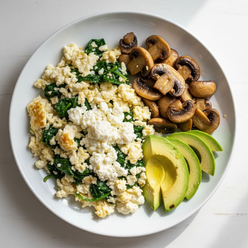 Egg White Spinach Scramble with Cottage Cheese and Sautéed Mushrooms