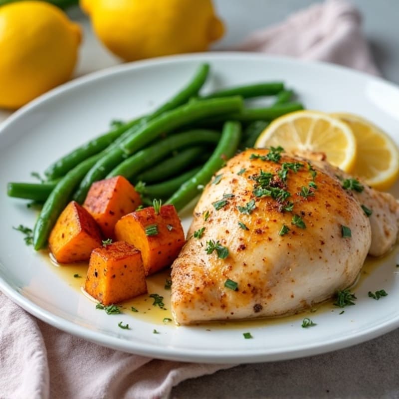 Lemon Herb Roasted Chicken with Crispy Roasted Sweet Potatoes and Green Beans