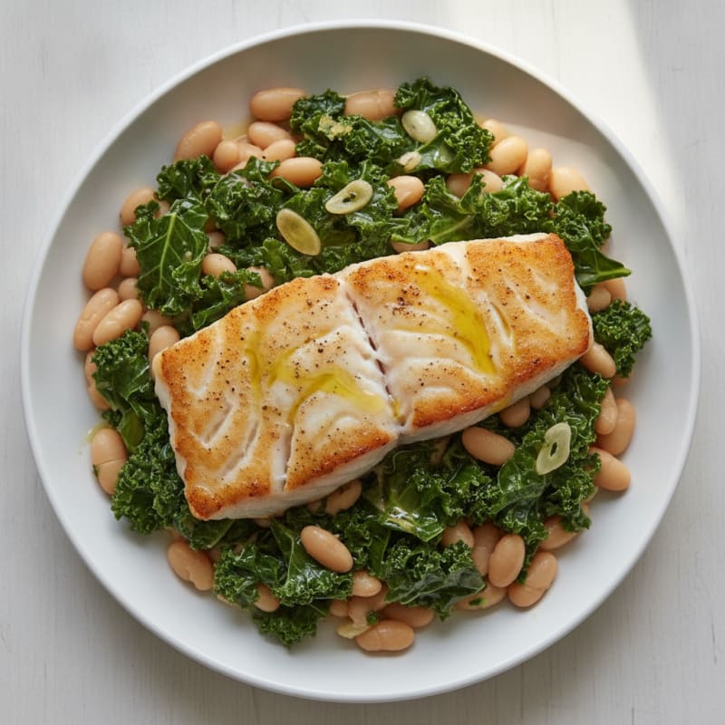 Seared Cod with Creamy White Bean and Kale Sauté