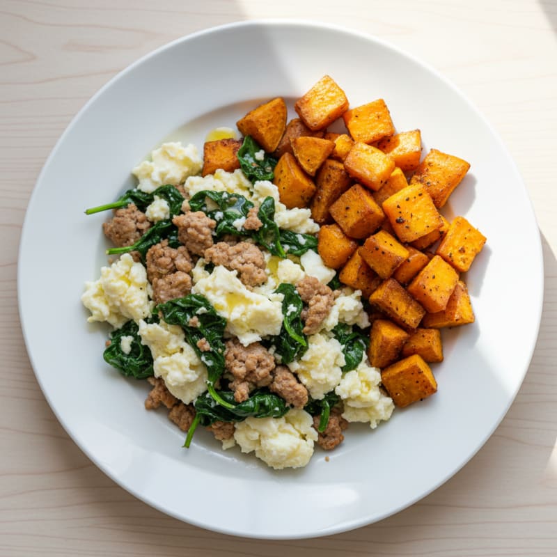 Egg White and Turkey Spinach Scramble with Roasted Sweet Potatoes