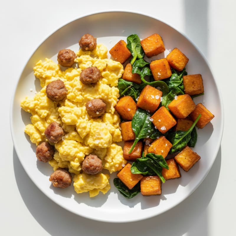 Scrambled Eggs with Turkey Sausage and Roasted Sweet Potatoes