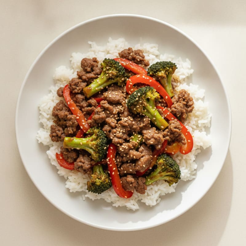 Ground Beef and Vegetable Stir Fry with Jasmine Rice