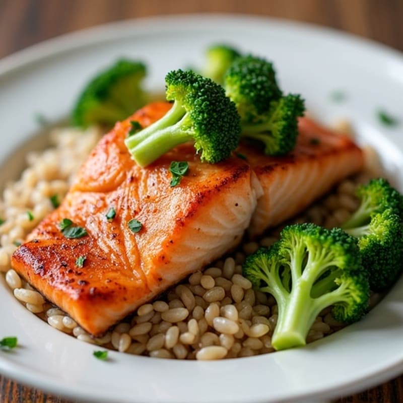 Seared Salmon with Steamed Broccoli and Brown Rice