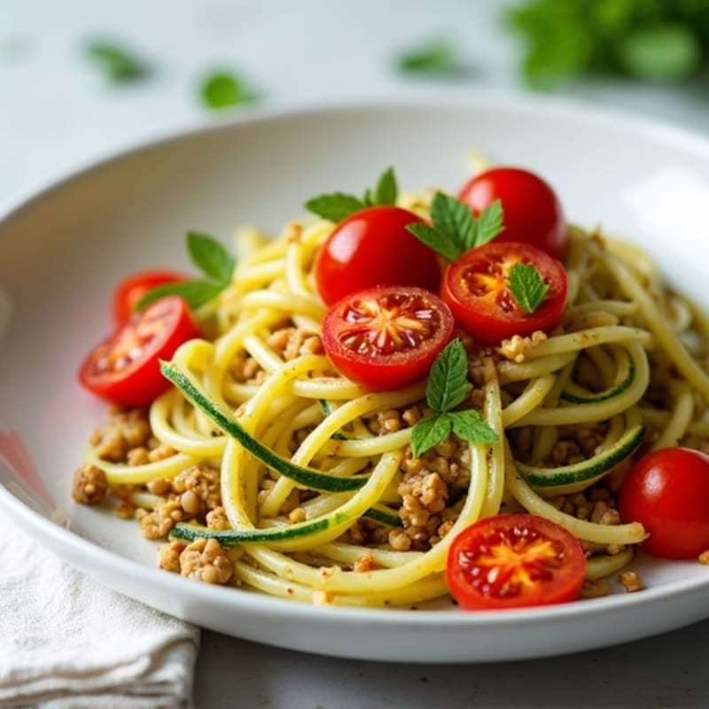 Creamy Lentil Zucchini Pasta with Roasted Tomatoes