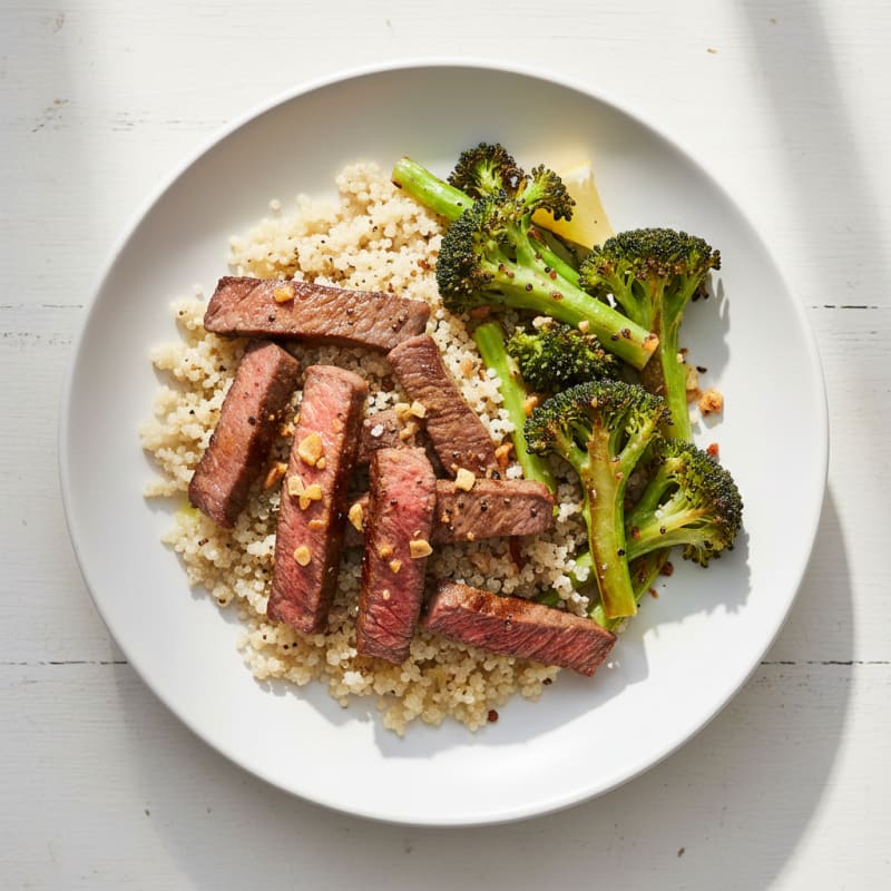 Seared Beef Strips with Quinoa and Roasted Broccoli