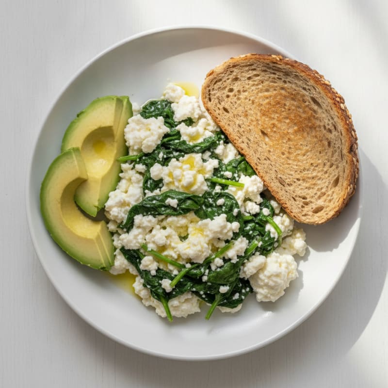 Egg White Scramble with Cottage Cheese and Sautéed Spinach