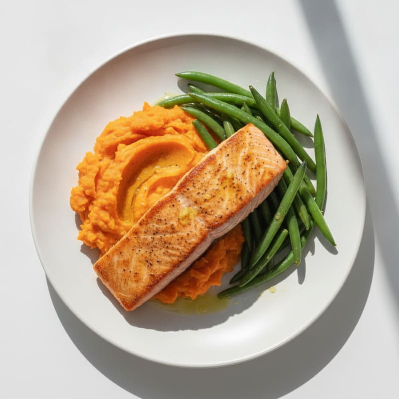 Seared Salmon with Steamed Green Beans and Mashed Sweet Potatoes