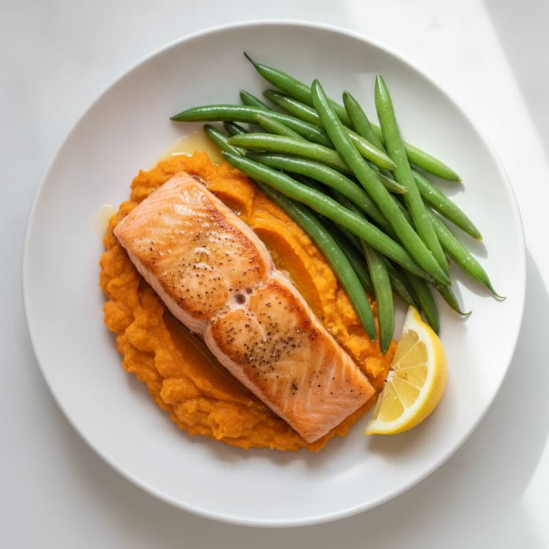 Seared Salmon with Steamed Green Beans and Sweet Potato Mash