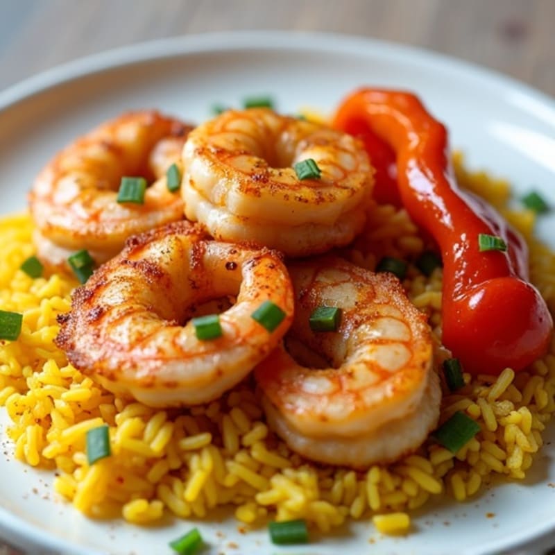 Crispy Paprika Chicken and Shrimp with Saffron Rice and Roasted Bell Peppers
