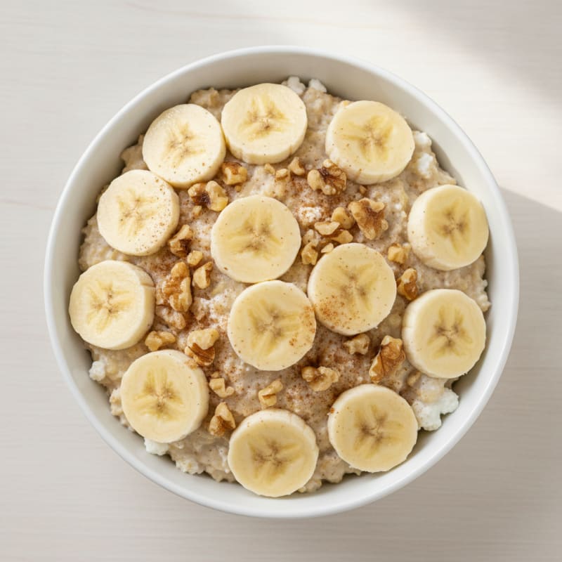 Cottage Cheese Oatmeal with Sliced Banana and Toasted Walnuts