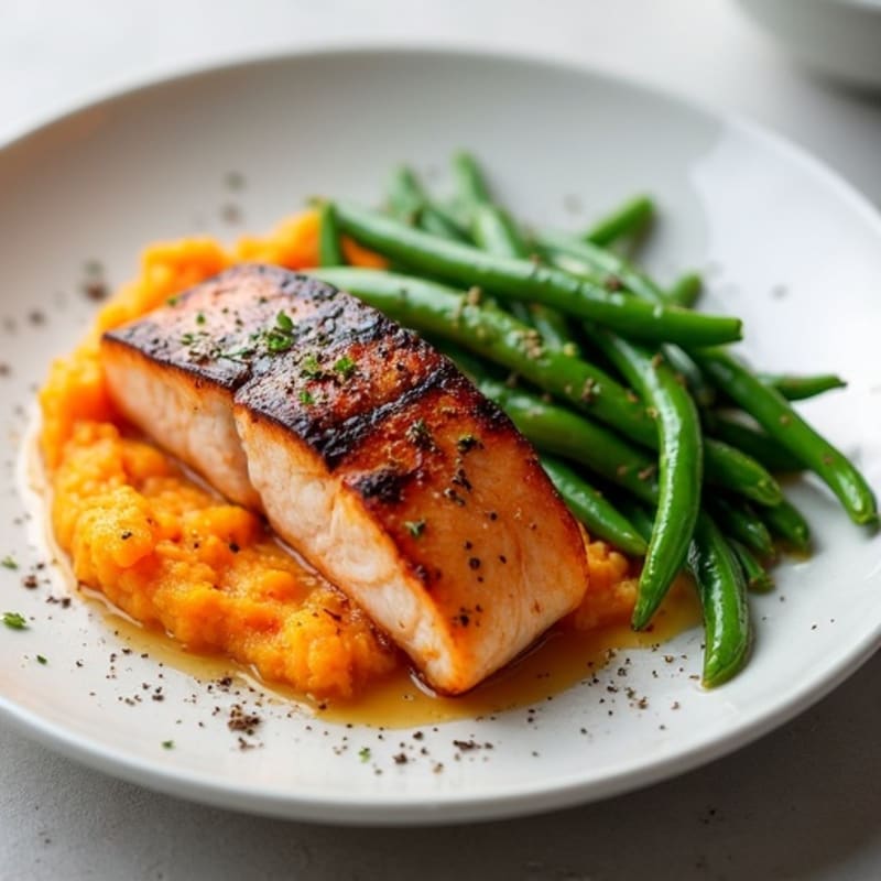 Seared Salmon with Garlic Green Beans and Sweet Potato Mash
