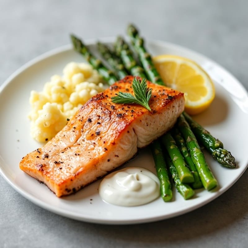 Seared Salmon with Steamed Asparagus and Garlic Mashed Cauliflower