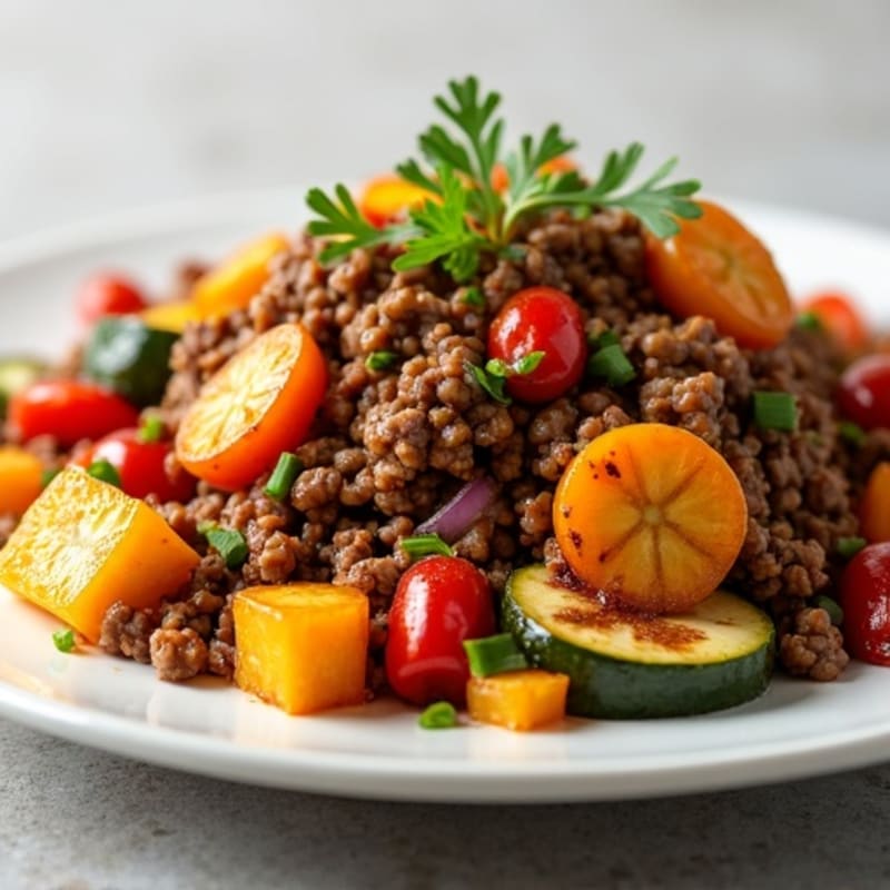 Savory Ground Beef with Roasted Plantains and Fresh Sautéed Vegetables