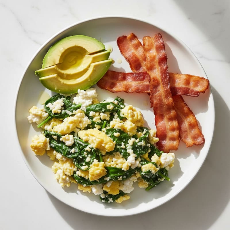 Cottage Cheese Egg Scramble with Spinach and Turkey Bacon
