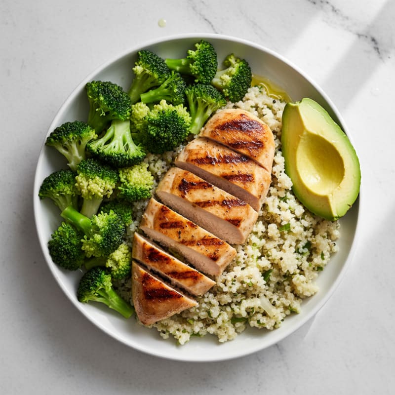 Grilled Chicken Breast with Creamy Quinoa and Steamed Broccoli
